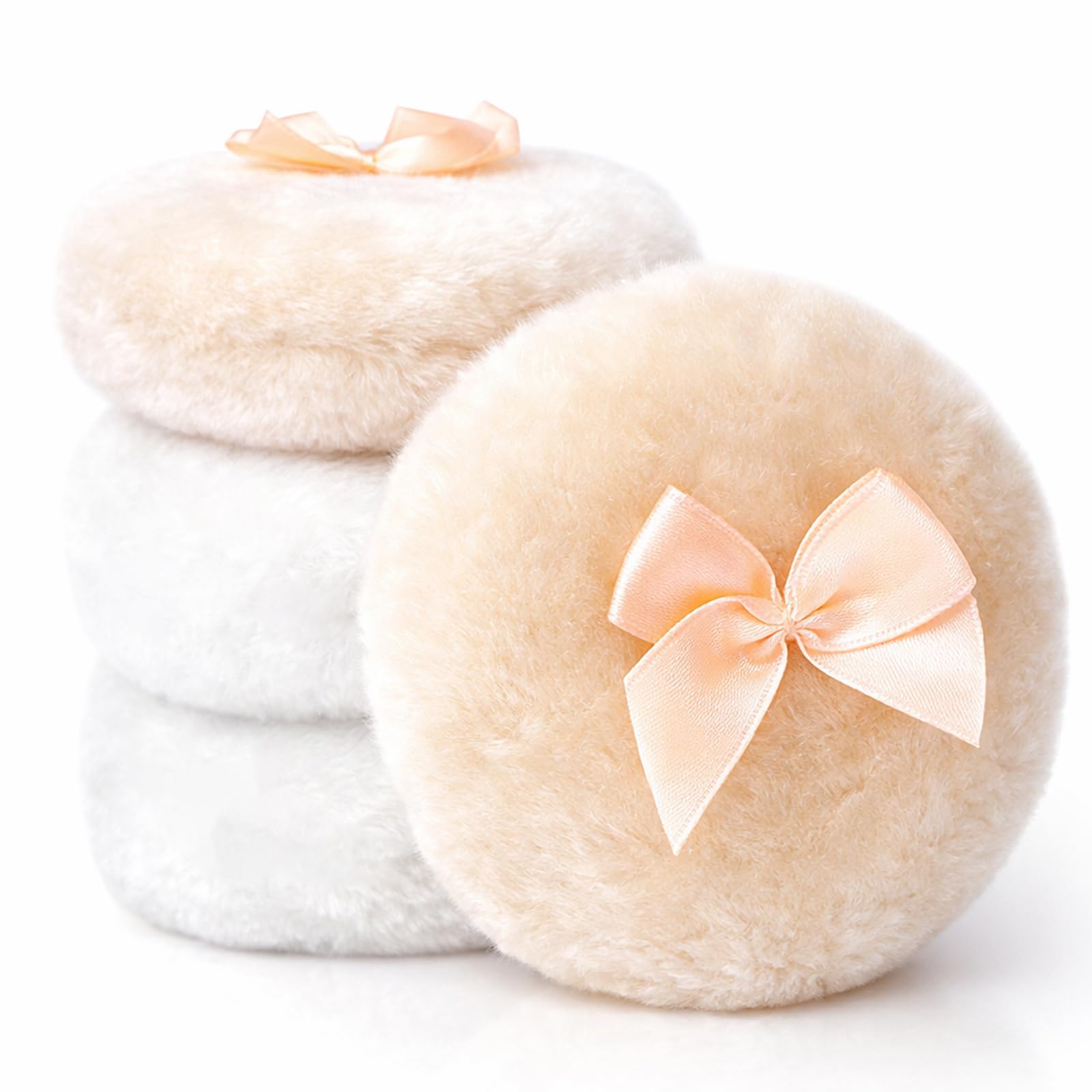 Piumino per Cipria Grande Set 4 Pezzi Piumino per Polvere Corporea Morbido Fluffy Lavabile con Nastro per Trucco Donna Bianco Beige