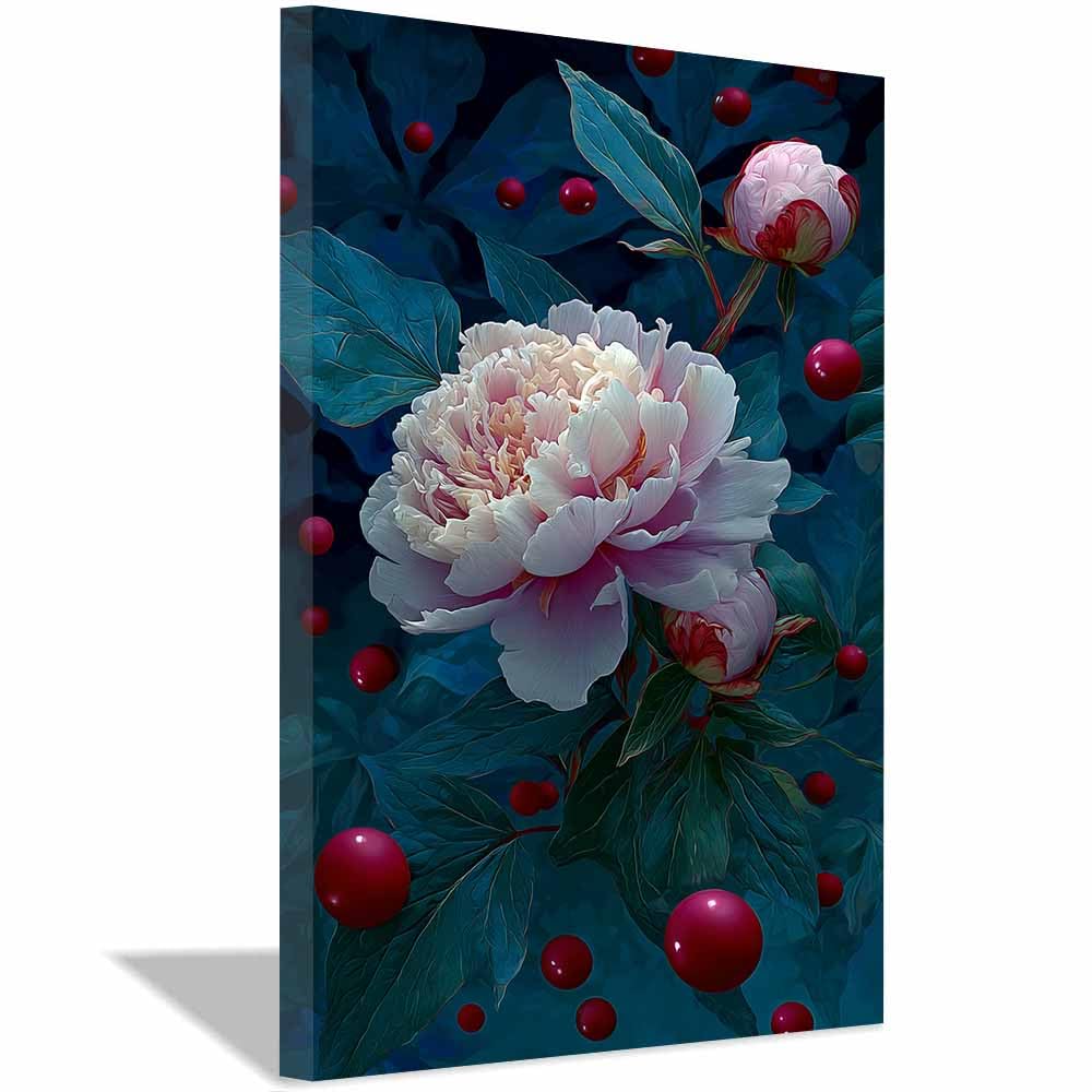 Hoqiu Multicolor Plant Poster Whites Peony Withs Berries Modern Canvas Wall Art, Decorative Paintings, Canvas Painting Wall Art For Home Decor.(Multicolor)-70X100cm Framed