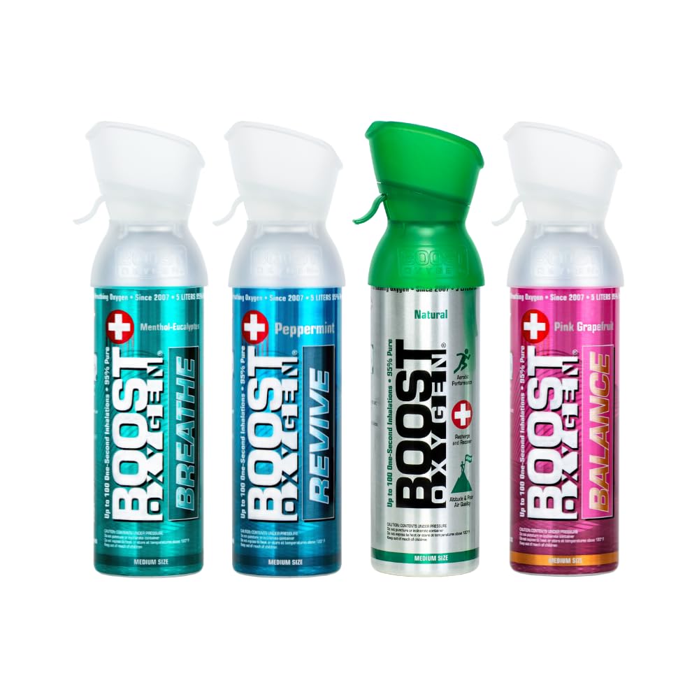 Boost OxygenCanned Oxygen for Breathing for Home Use, Exercise, or Altitude Sickness, Includes Sealed Cap & Mask, 5L Canister, Multicolor, Pack of 4