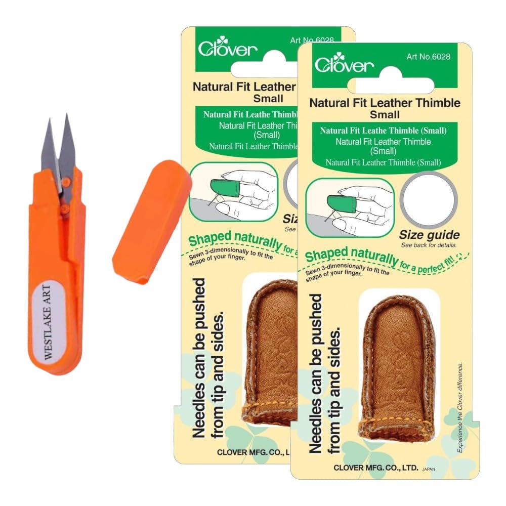 westlake art Natural Fit Leather Thimble, Ergonomic 3D Design, Durable Crafting Tool, Bundle with Embroidery Scissors, Enhanced Needle Control for Tailoring & Quilting (Pack of 2)
