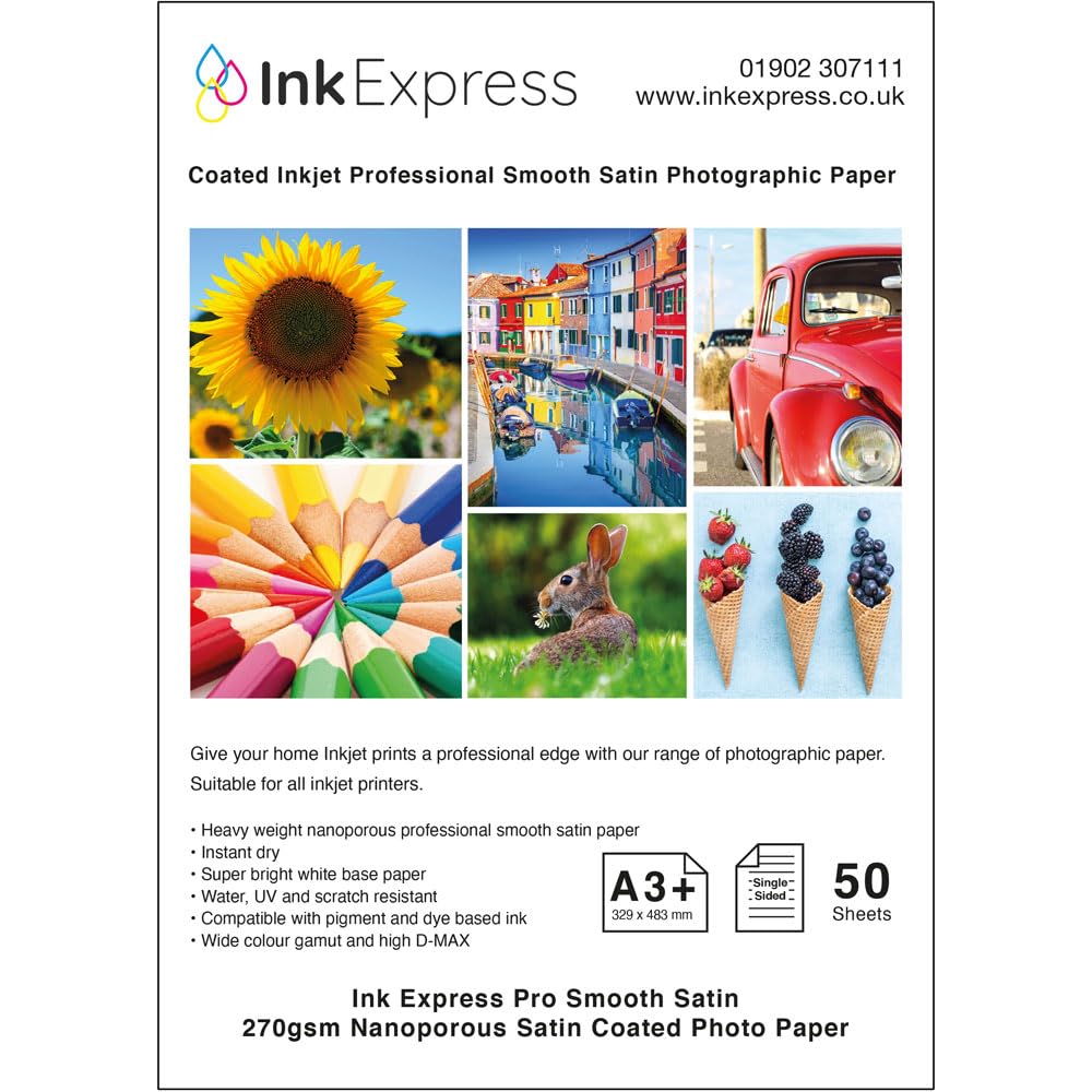 Ink Express A3+ 270gsm Nanoporous Pro Smooth Satin Photo Paper Single Sided Resin Coated Inkjet Professional Glossy Photographic Paper (50 Sheets)