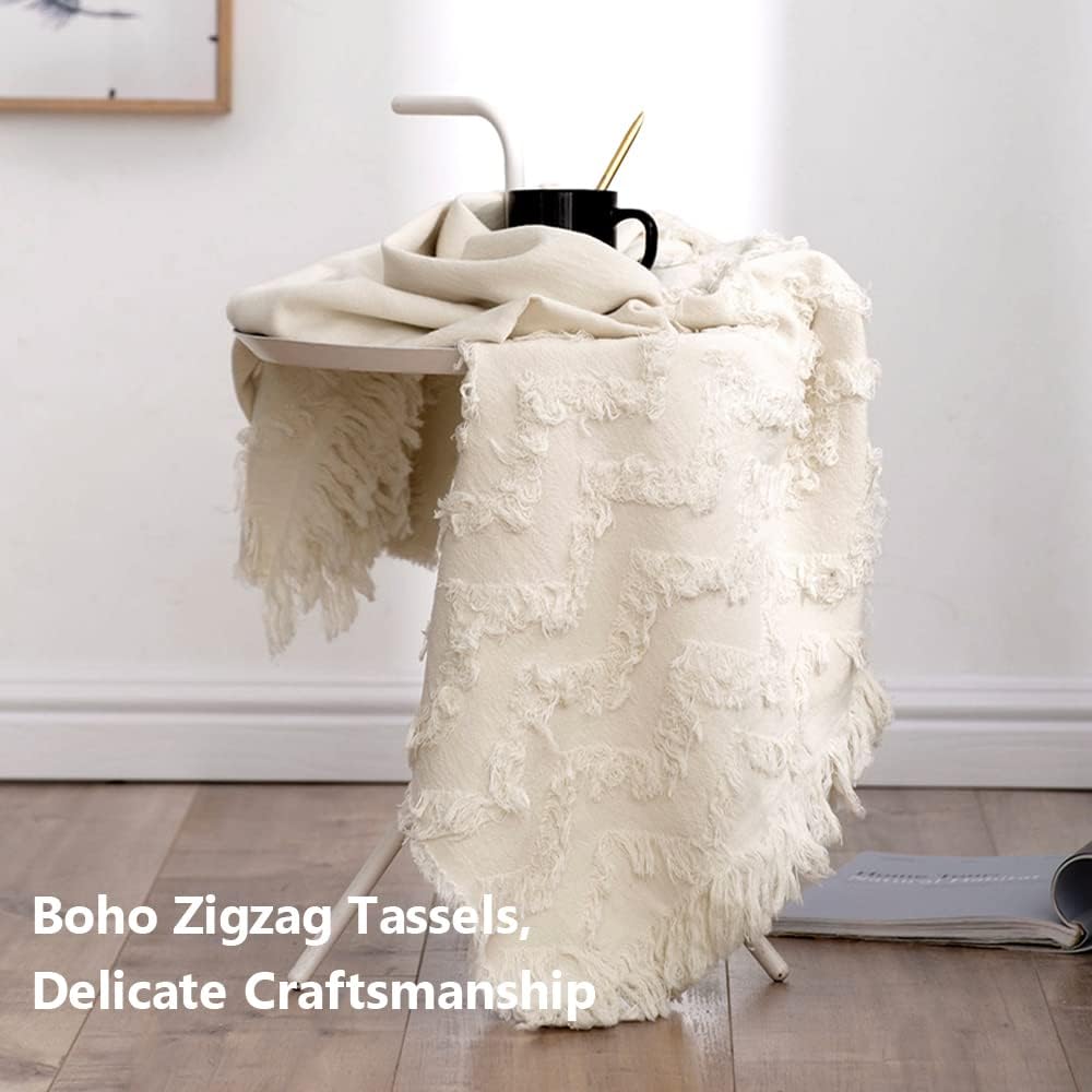 Simple&Opulence 100% Cotton Throw Blanket for Bed, Couch, Tufted Zigzag Knit Woven Boho Blanket with Tassels Soft Lightweight Breathable Cozy Blanket Farmhouse Decoration for All-Season(White) - Image 2
