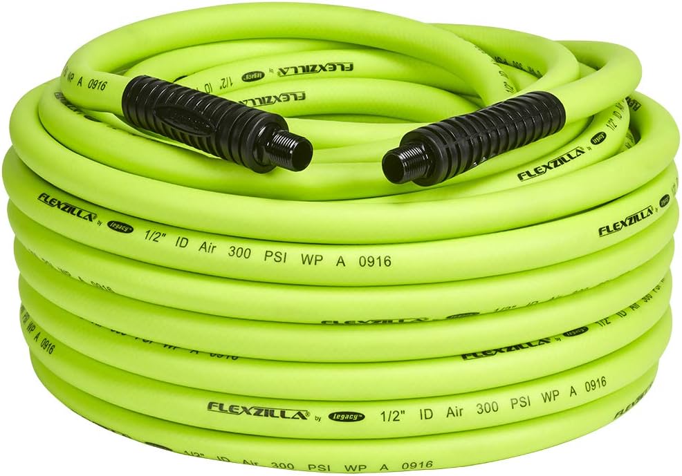Flexzilla Air Hose, 1/2 in. x 100 ft., 1/2 in. MNPT Fittings, Heavy Duty, Lightweight, Hybrid, ZillaGreen - HFZ12100YW4