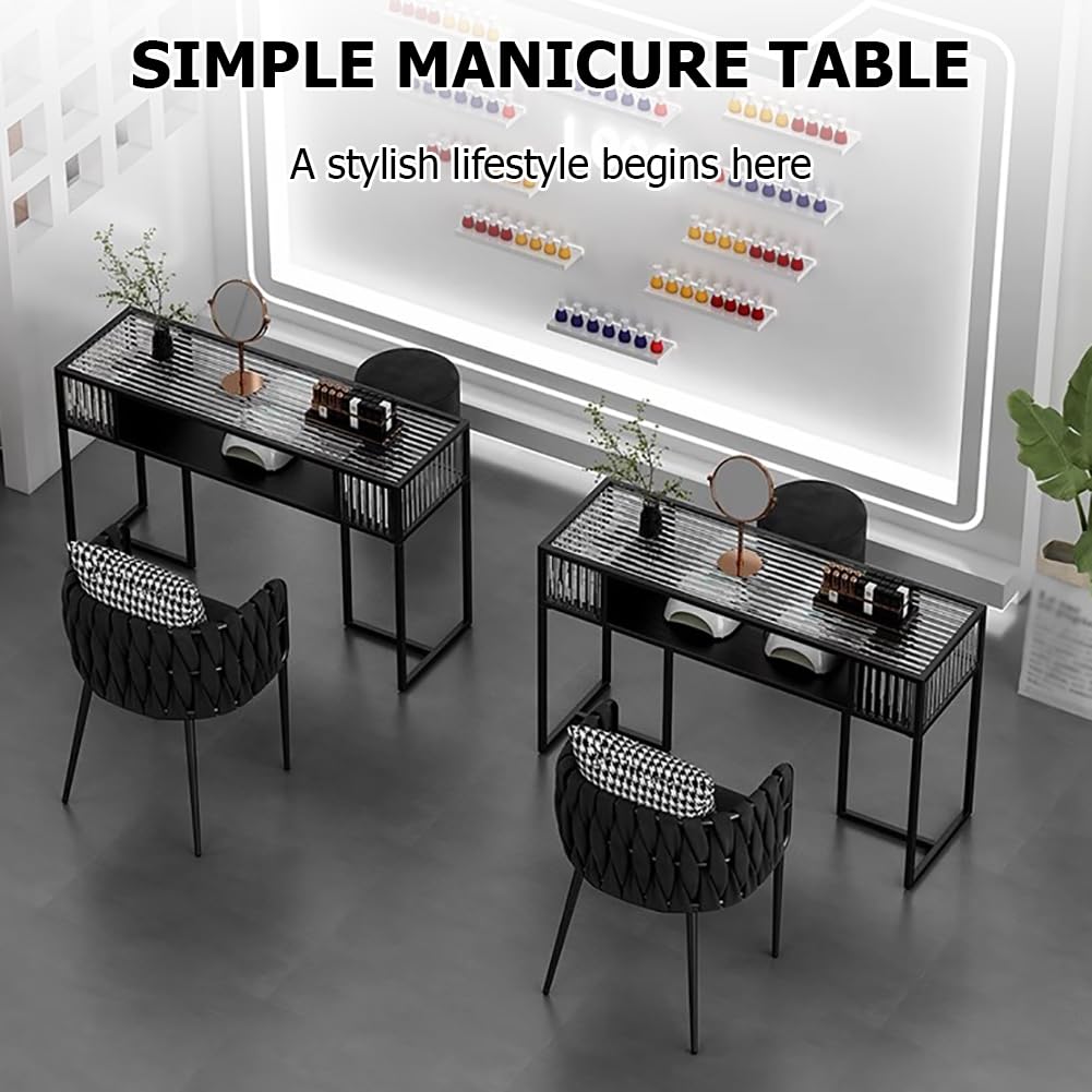 Manicure Table for Nail Tech with Glass Top,Nordic Style Nail Makeup Desk,Double-Layer Storage & Transparent Panel,Beauty Salon Workstation,Multifunctional Nail Station,100cm