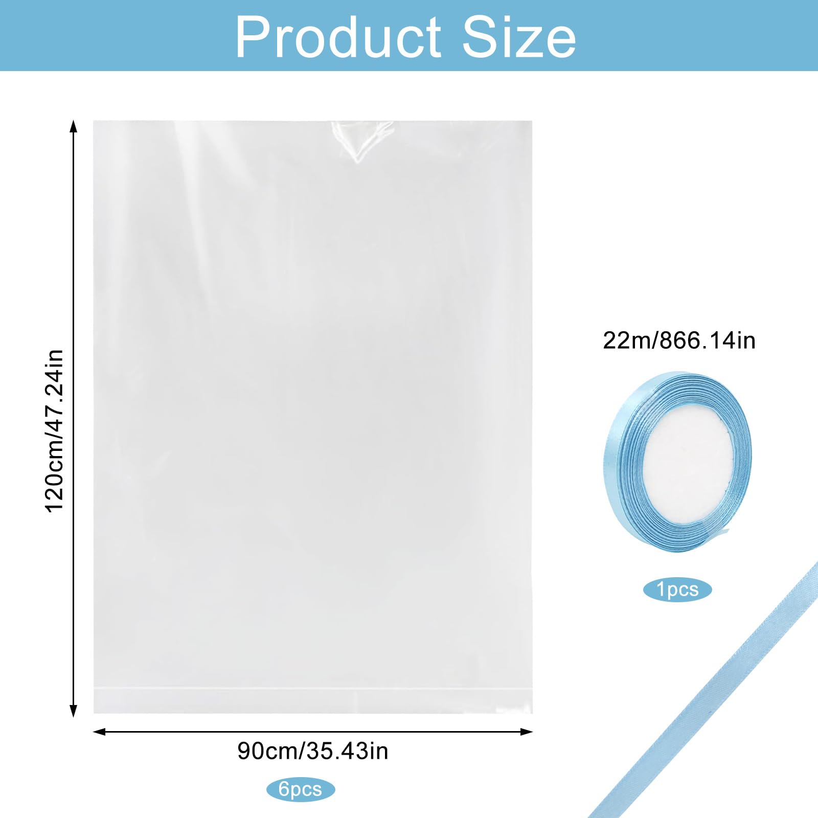 Zestaw 6 bardzo dużych przezroczystych toreb plastikowych, 90 x 120 cm | Bardzo duże torby do przechowywania bagażu, walizek, odzieży, kołder, pluszowych zabawek