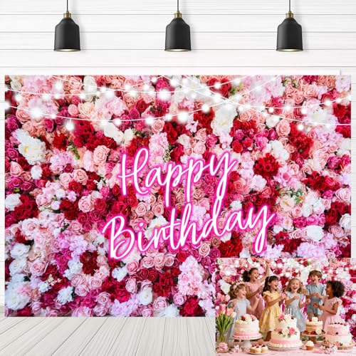 Fondo Rosas Rosado Feliz Cumpleaños 7x5 pies miniatura 2