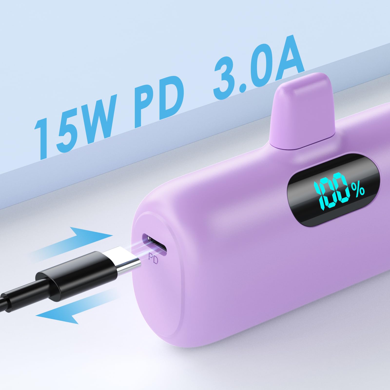 Power Bank 5000mAh per iPhone, [Upgraded] Ultra Compatta Caricabatterie Portatile, PD 15W 3.0A Ricarica Rapida Batteria Esterna Mini Powerbank con LED Display per iPhone 14/14 Pro/13/12/11/XR/8-Viola