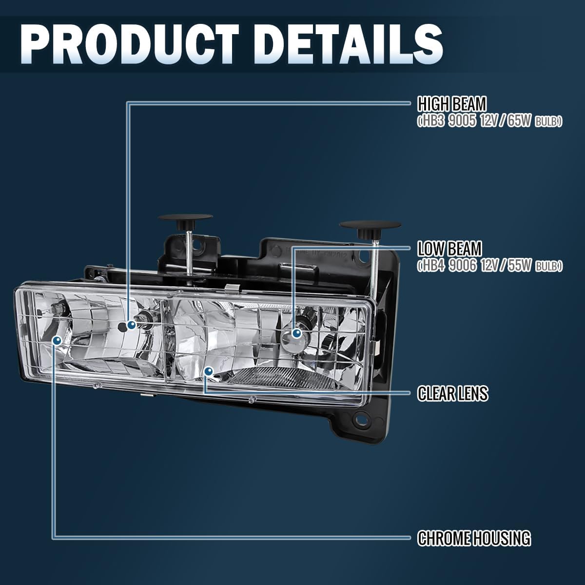 Ronnin - Fits 1988-1999 Chevy GMC C10 C/K Sierra Silverado Blazer Yukon Tahoe Replacement Headlights Assembly Pair | Chrome