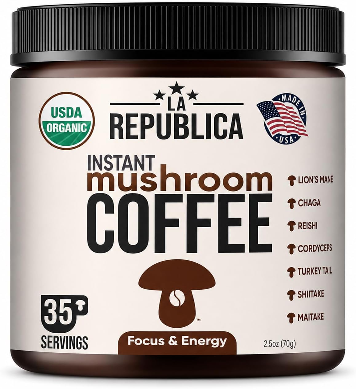 La Republica Instant Mushroom Coffee Organic – 100% Arabica Coffee with Lion’s Mane, Reishi & 5 More Mushrooms for Focus, Immunity, Energy Support & Fast Metabolism – 35 Servings
