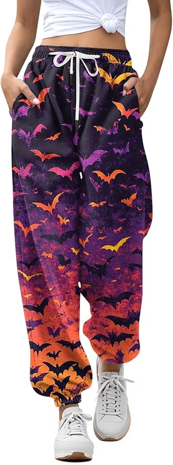 Halloween Sweatpants Women Gothic Witch Patterned Jogger Cinch Bottom Casual Wide Leg Sweat Pants with Pockets