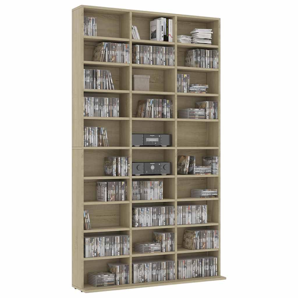 CD-Schrank Sonoma-Eiche Holzwerkstoff 102x23x177,5 cm mit 30 offenen Fächern für Aufbewahrung von Schallplatten, CDs, DVDs und Zubehör im Wohnzimmer oder Büro