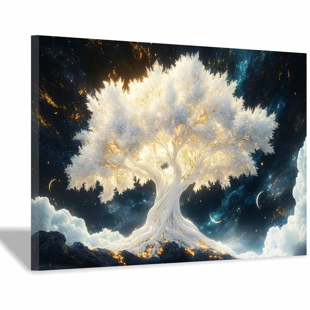 ZAMAEIU Tree of Life Painting Abstract Cloud-cliff Tree Panoramic Canvas Prints Pictures for Living Room Bedroom Home Office Wall Decoration(white)-70x100cm Framed