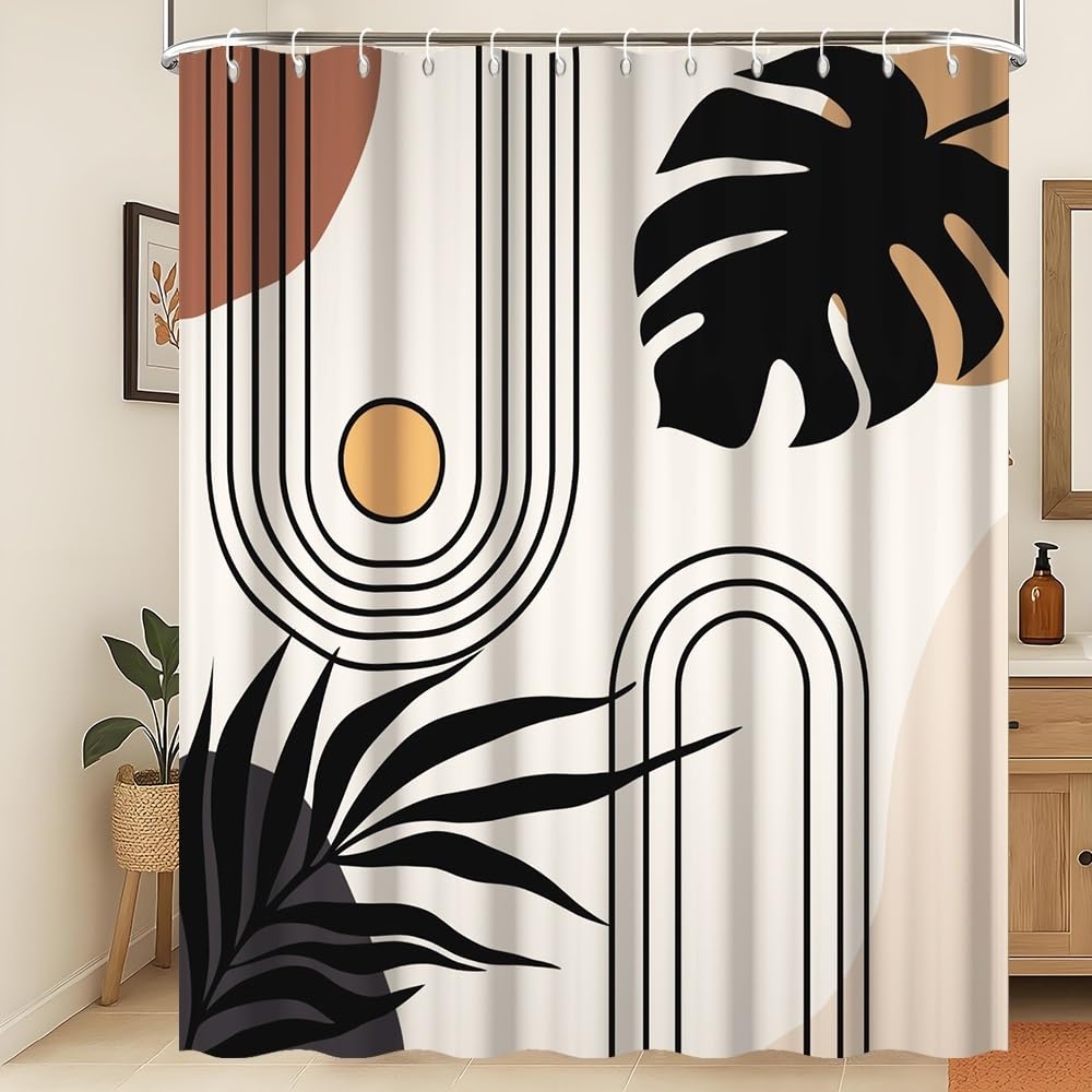 Xiaoterna Boho Sun Line Shower Curtain Retro Abstract Bathroom Curtain Black Leaves Sun Shower Curtain Rustic Countryside Shower Curtain Machine Washable Waterproof Fabric 180x240cm โ image 1