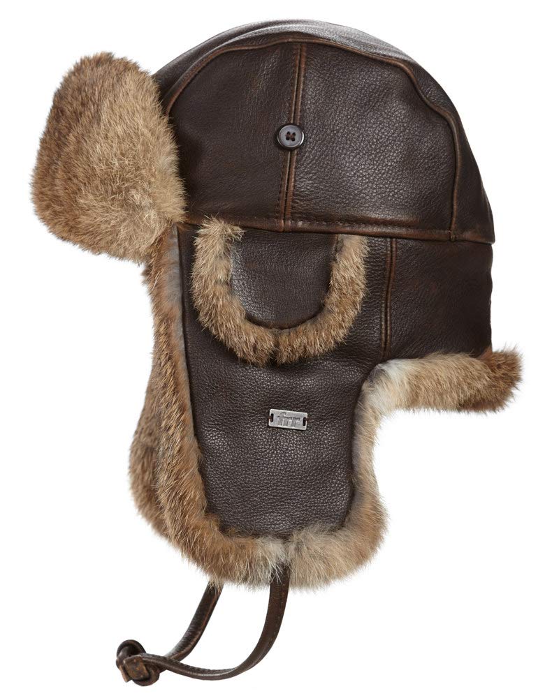 Vintage Rodeo Leather Rabbit Fur Aviator Hat - L Brown