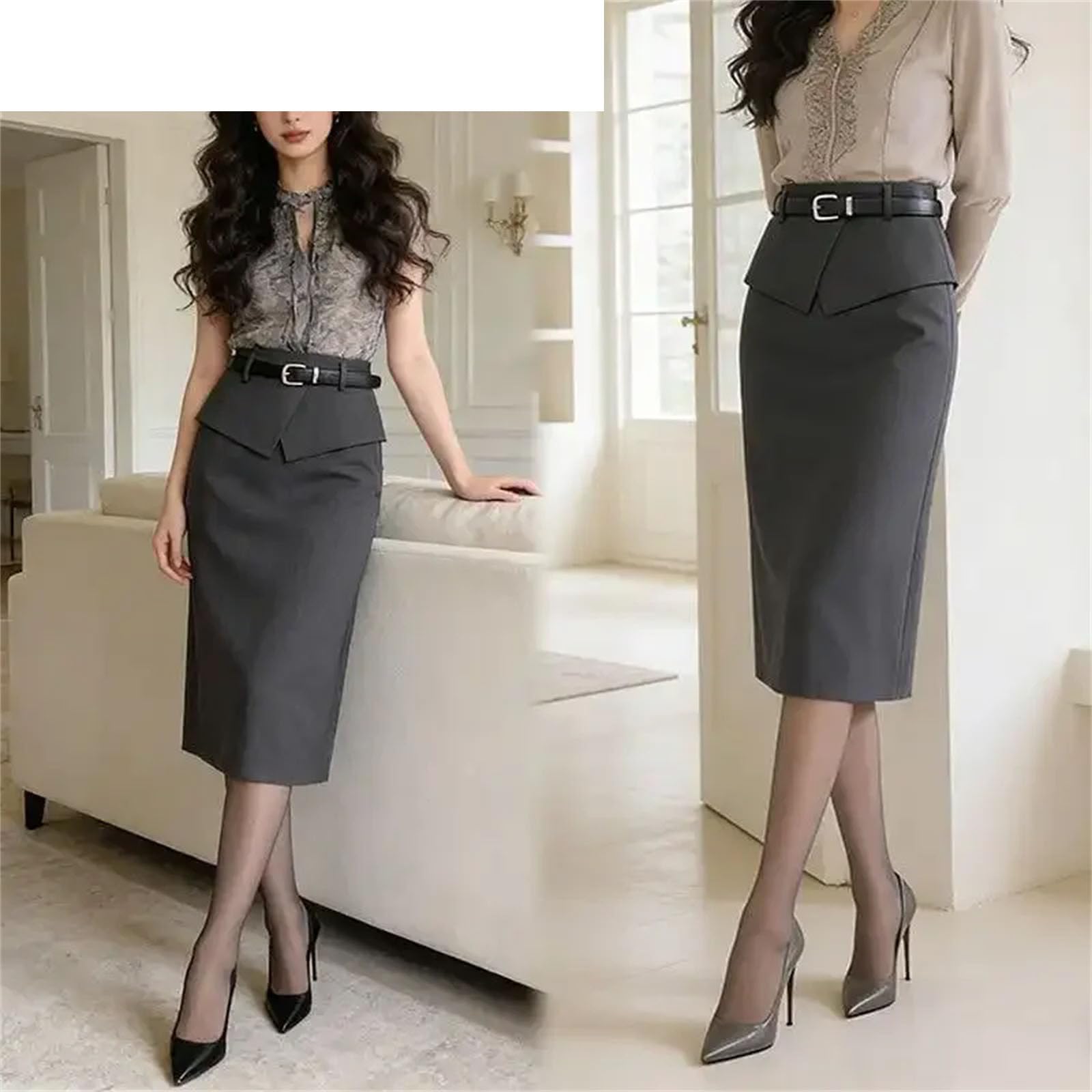 Falda midi entallada para mujer, cintura alta con cinturón, diseño dividido, faldas elegantes para oficina y trabajo