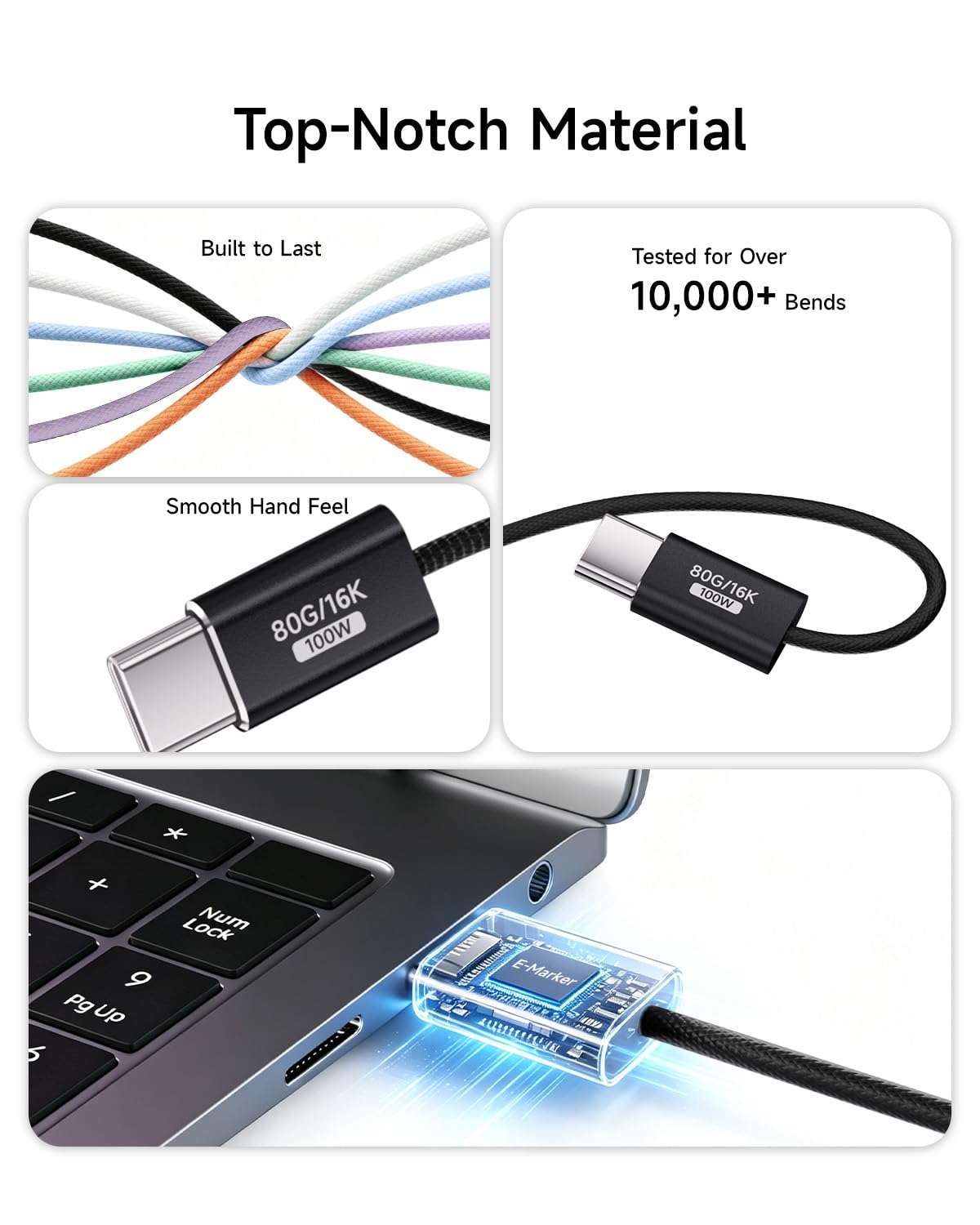[2 Pezzi,1M Cavo USB-C Trasferimento dati a 80 Gbps Compatibile con Thunderbolt 5/4/3,Flessibile Cavo Type-C 100W Ricarica Rapida,Cavo USB C Monitor 16K/8K/4K HDR Per Tablet,Docking,Laptops