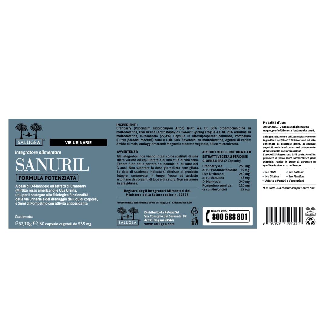 SANURIL Formula Potenziata Salugea - Integratore 100% Naturale - Con D-Mannosio, Cranberry, Uva Ursina e Semi di Pompelmo per il benessere delle Vie Urinarie - 60 Capsule - Flacone in Vetro