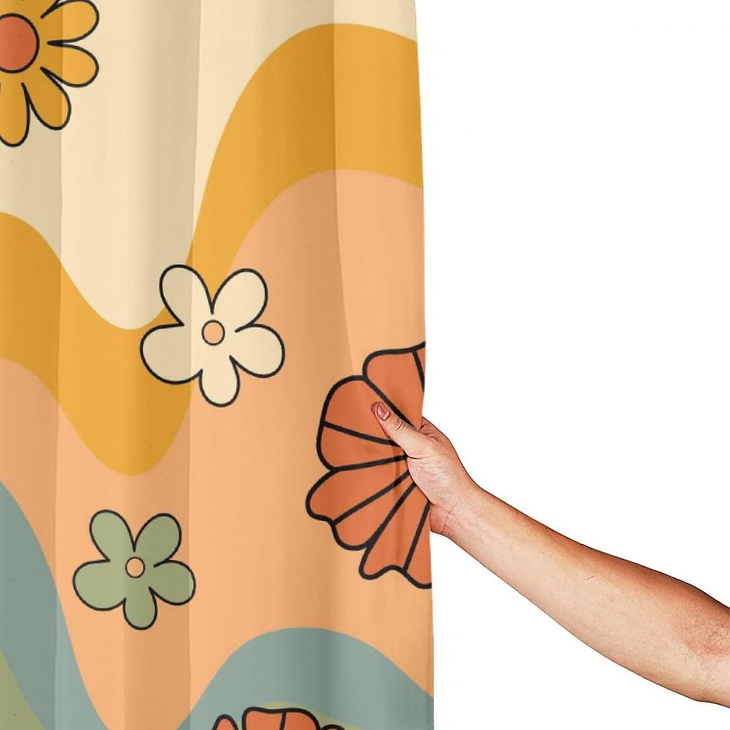 70s Groovy Shower Curtain, Cute Retro Daisy Flower Colorful Abstract Funky Wave Floral Print Bathtub Decor Waterproof Polyester Fabric Set with 12 Hooks 66x72Inch(168x183cm)