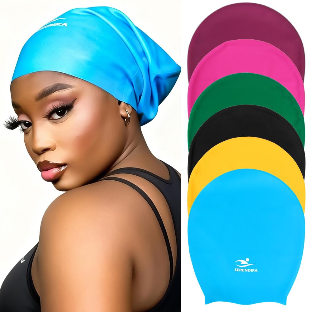 SERENDIPA Swim Cap,Large Silicone Waterproof Swimming Cap for Women & Girls with Long Hair,Braids,Dreadlocks, Locs,Weaves, Hair Extensions, Curls &