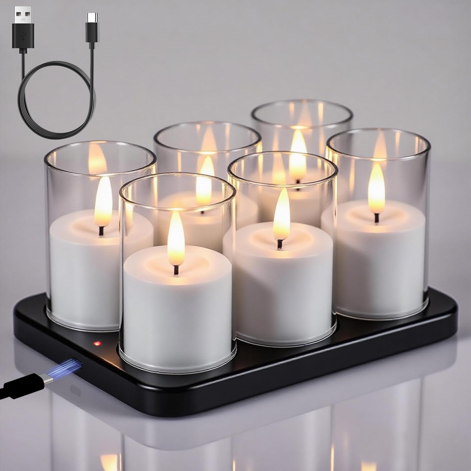 Eldnacele Rechargeable LED Candles with Timer, 6 Pack Battery Tea Light with Charging Base, Acrylic Shell LED Votive Candles for Christmas Decorations — image 1