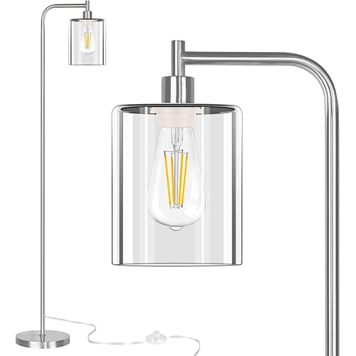 QiMH Industrial Floor Lamp for Living Room, Modern Standing Lamp with HD Glass Lampshade and Pedal Switch, 67” Tall Pole Light for Bedroom Study Room, Brushed Silver (2700K LED Bulb Included)