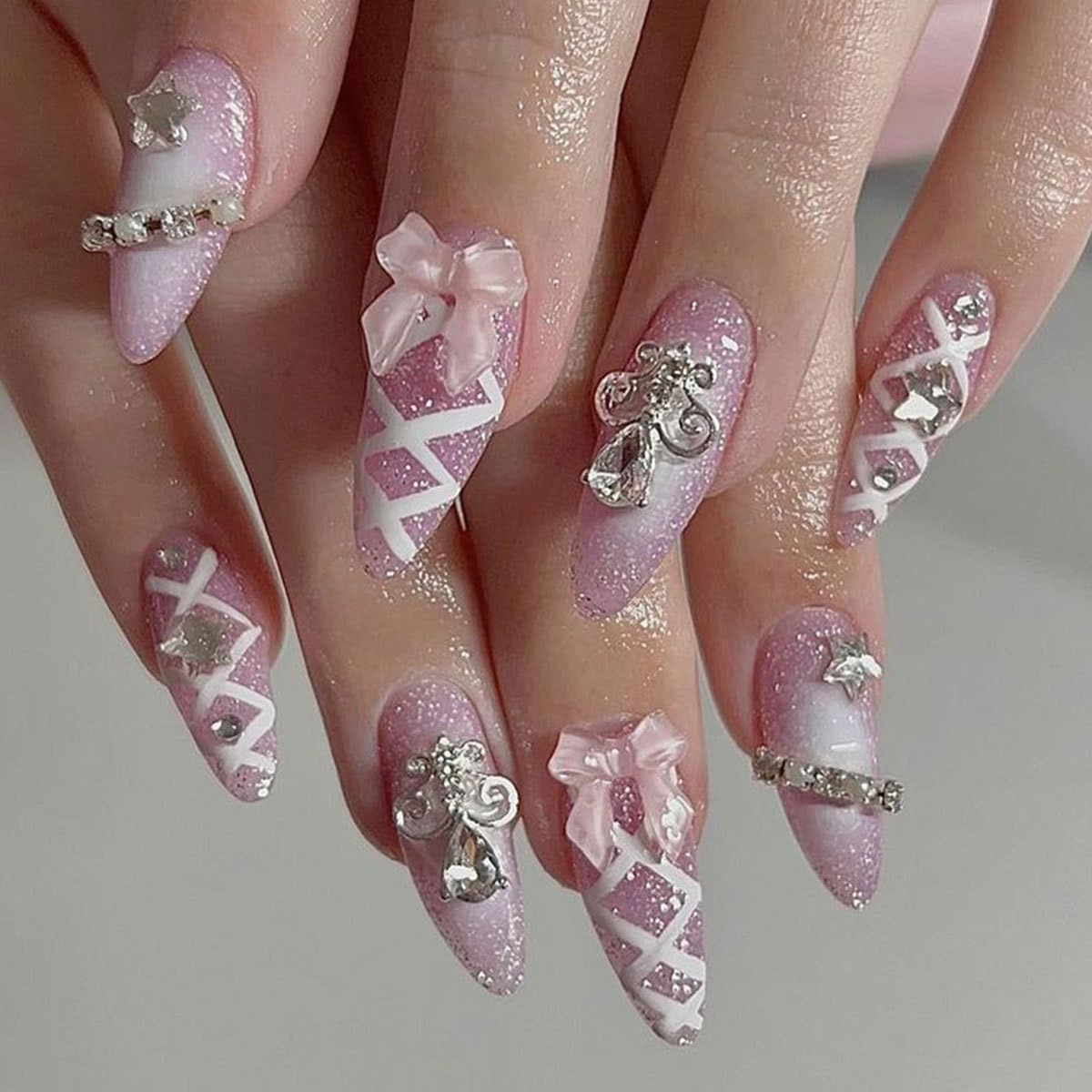Cute Bow Diamond Press on Nails Medium Almond Pink Fake Nails with Star Rhinestones Glitter Designs False Nails White Ribbon Full Cover Glue on Nails
