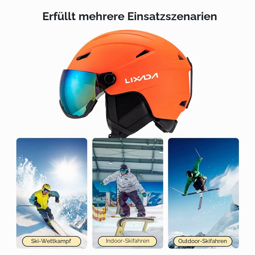 Lixada Skihelm mit Visier I Atmungsaktiver Skihelm Herren & Damen mit Lüftungsöffnungen I Unisex Skihelm I Größenverstellbar I Kopfumfang 55-61 cm