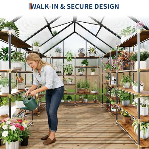6x8FT Greenhouse for Outdoors, Walk-in Polycarbonate Greenhouse with Sliding Door, Adjustable Roof Vent & Gutter System, Portable Outdoor Green House Kit for Winter Gardening