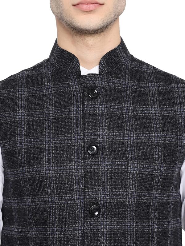 Image of Vastraa Fusion Mens Pure Wool Export-Quality Indian Traditional Nehru Jacket (VS4401D-42 Black-Check 42 - XL)