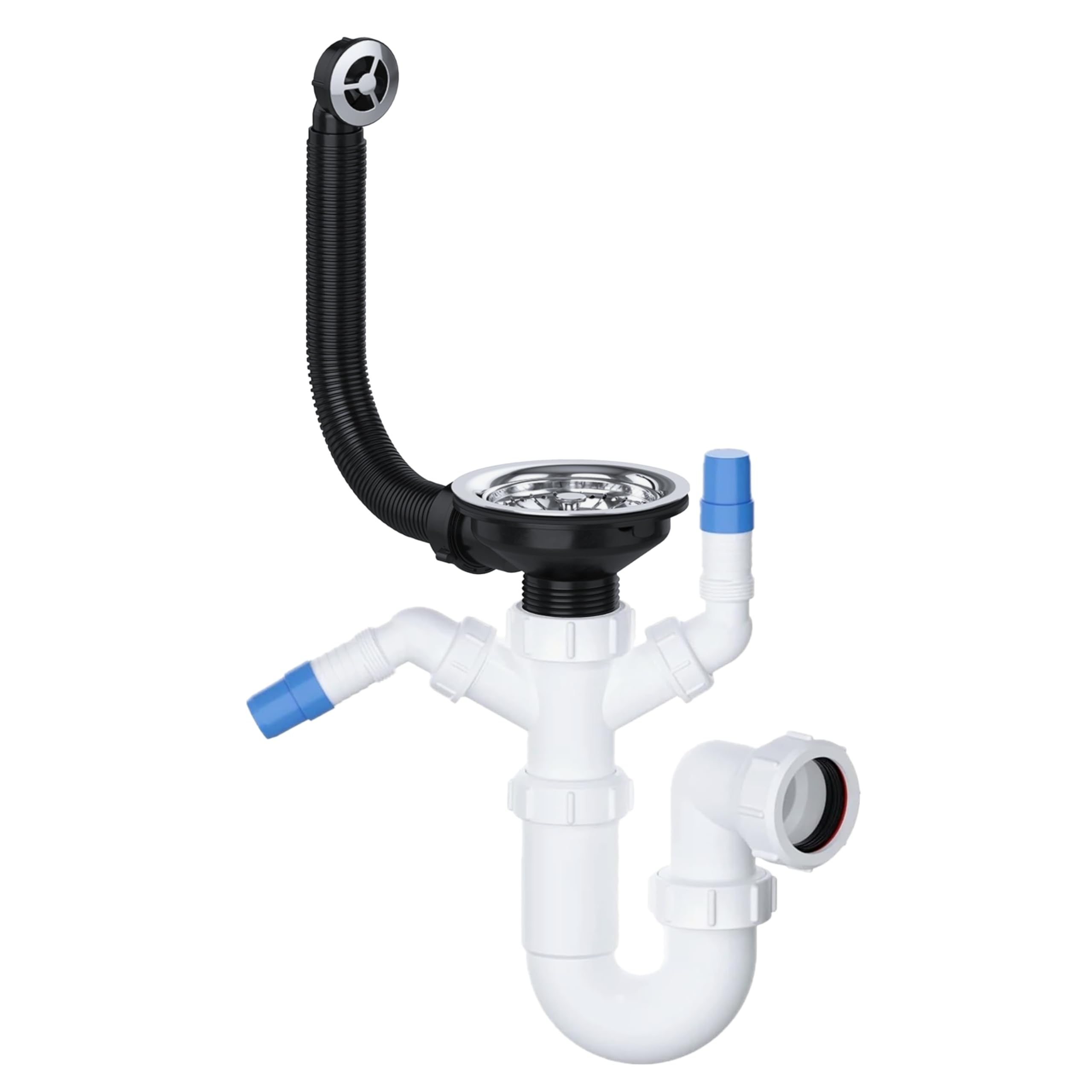 PlumbEZ Kitchen Sink Waste Kit with Round Overflow – 40mm Twin Nozzle P Trap, Basket Strainer Waste, Washing Machine & Dishwasher Connection