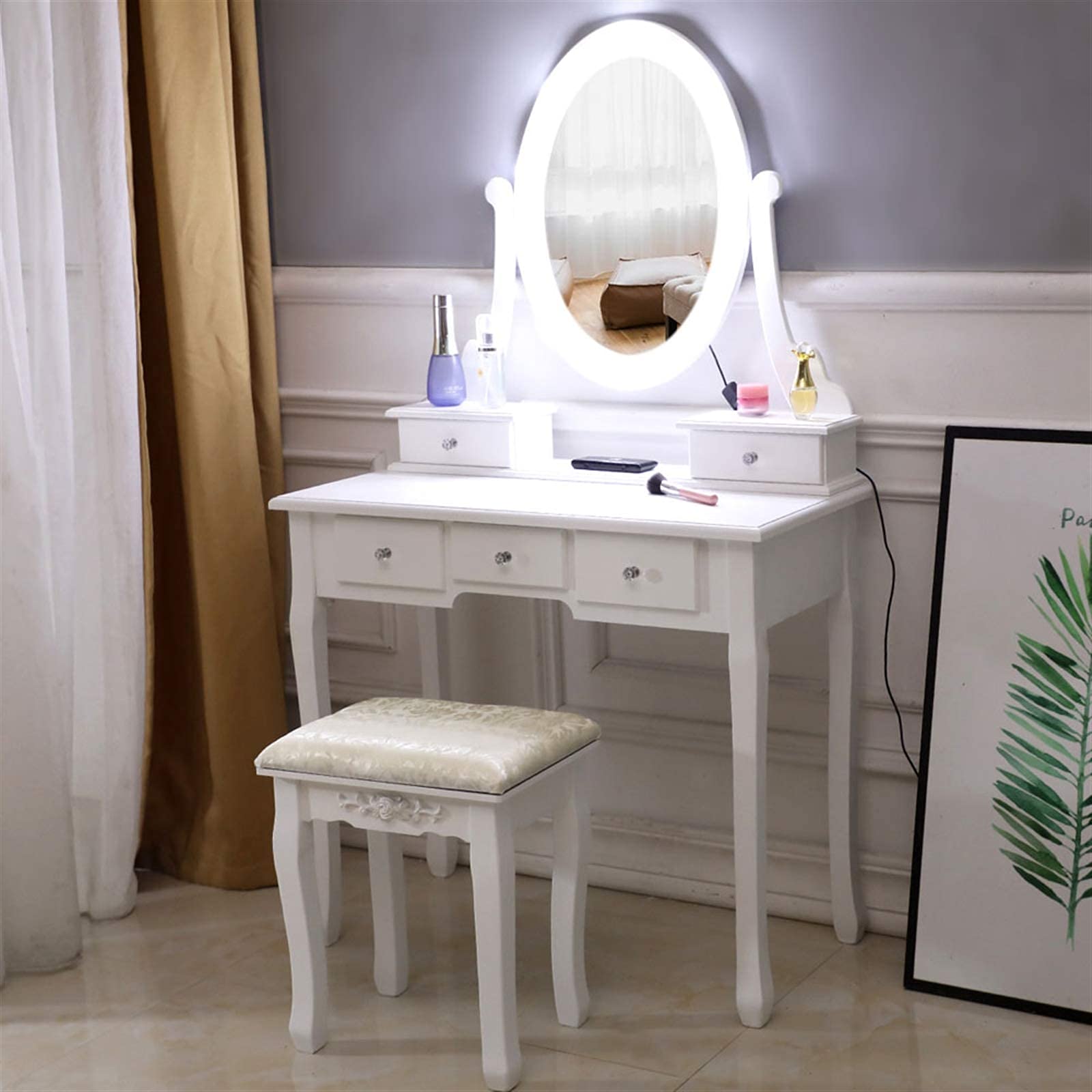 LongJiang Makeup Vanity Table and Stool Set with LED Lighted Mirror,Dressing Table Writing Desk with 10 Light Bulbs 3 Drawers 2 Removable Storage Boxes,White