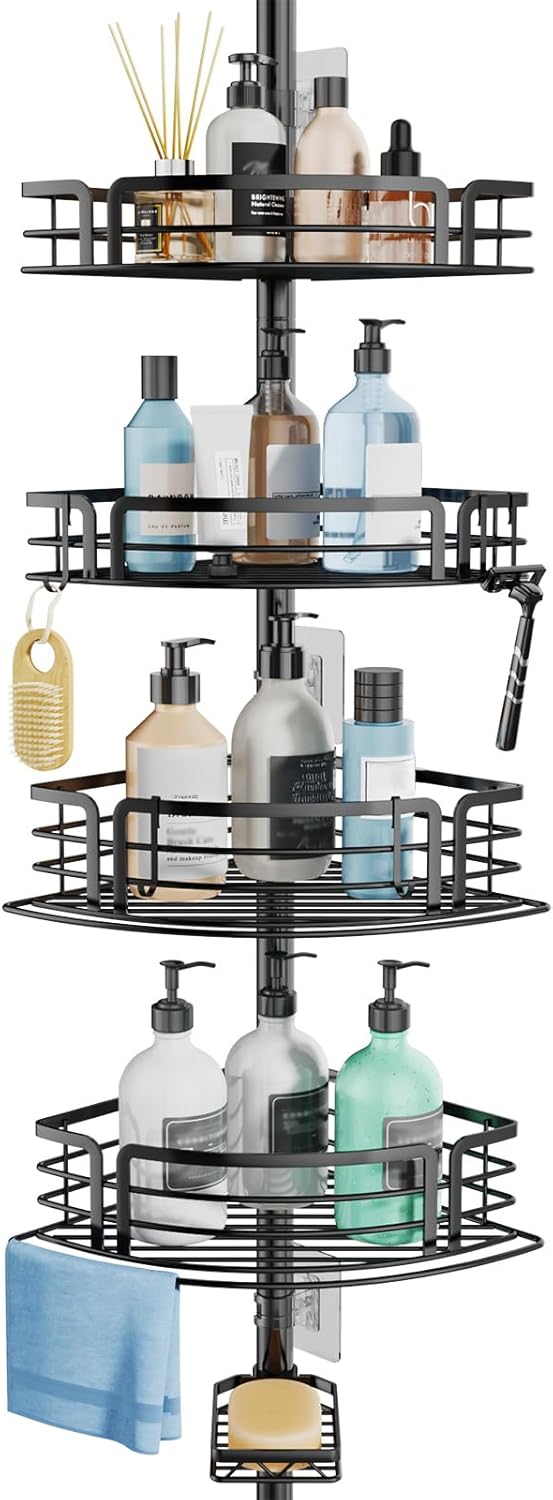 Consumest Corner Shower Caddy Tension Pole - Rustproof Shower Shelves with Towel Bar & Soap Holder, Adjustable Bath Organizer for Bathroom Storage, 27.6-108.3 inch, Black