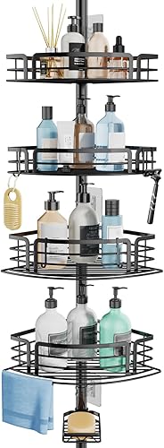 Consumest Barra de tensión de esquina para regadera, estantes de ducha inoxidables con toallero y soporte para jabón, organizador de baño ajustable