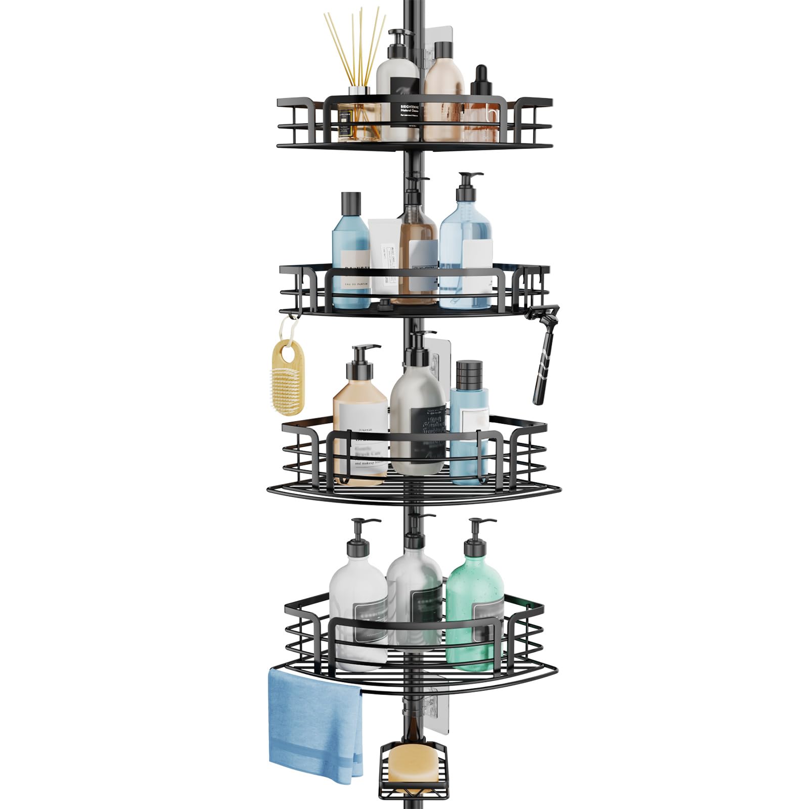 Consumest Corner Shower Caddy Tension Pole - Rustproof Shower Shelves with Towel Bar Soap Holder Adjustable Bath Organizer