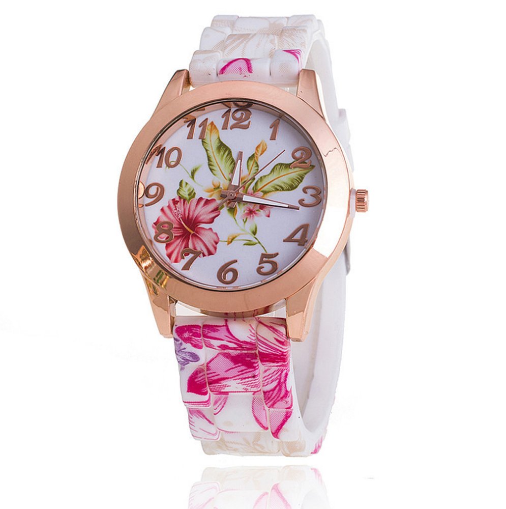 Relojes analógicos de silicona con esfera floral para mujer, números en tono oro rosa (paquete de 5), Rosado, Moderno 2