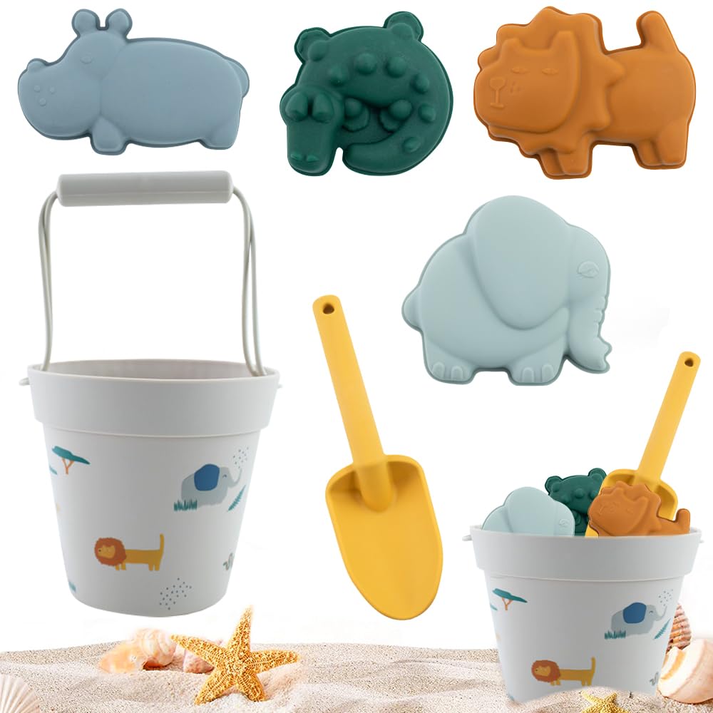 Mineup 6 Piezas Juguete de Playa para Verano, Set de Juguetes de Playa de Silicona, Juguetes de Playa para Niños con Cubo de Playa, 4 Moldes de Arena para niñas de 1 2 3 4 años