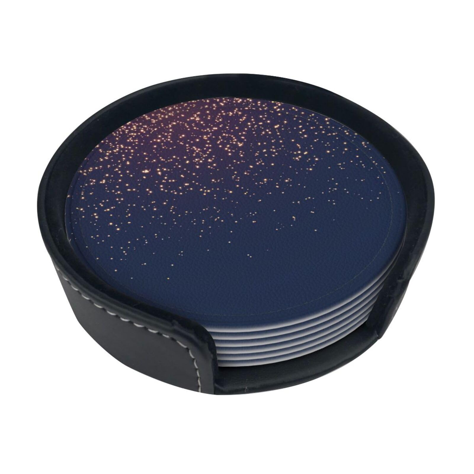 Navy Blue Sky And Stars Print Leather Coasters Set Of 6 With Holder,4 Inch Round Drink Coasters,Heat Resistant,Easy Clean For Home & Bar