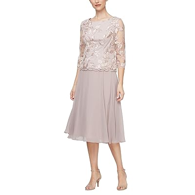 Alex Evenings Tea Length Mock Embroidered Dress Women