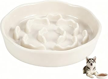 Pet Feeding Bowls, Ceramic Slow Feeder Dog Bowl - Heavy Weighted Blue Bloom Food Dish for Small to Medium Dogs - Non-Slip, Microwave & Dishwasher Safe Pottery Maze to Fast Eating Milky White