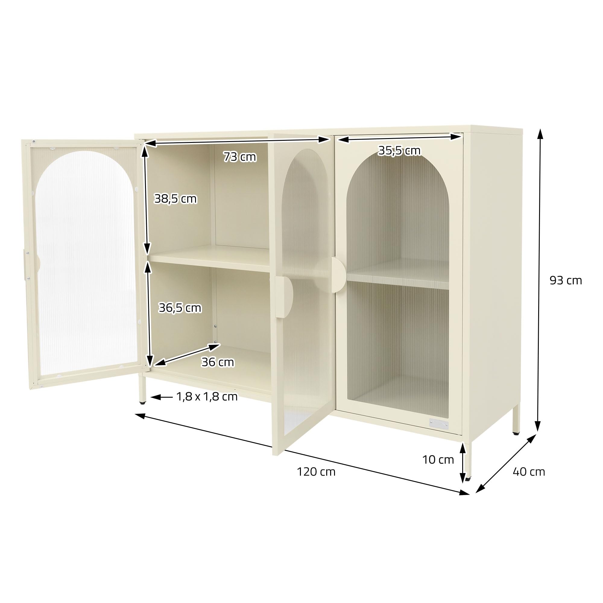 ML-Design Vitrinenschrank 120x93x40 cm aus Stahl, Creme, Sideboard mit 4 Ablage-/Regalfächer & 3 Türen, Metall Kommode mit verstellbaren Füßen, Vitrine, Highboard, Aufbewahrungsschrank für Wohnzimmer