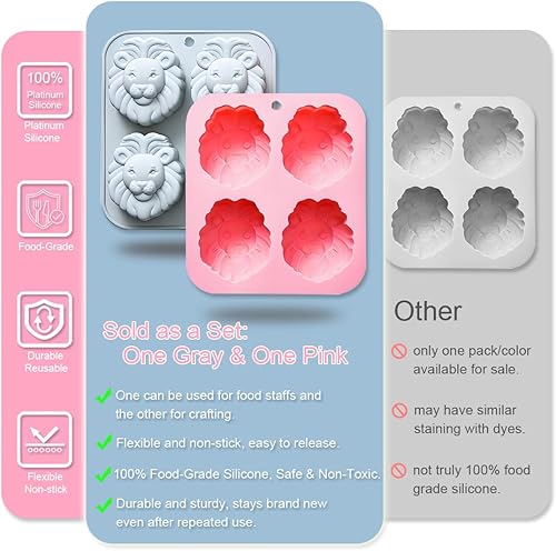 Miniatura 6 de Paquete de 2 moldes de silicona con cabeza de león, 4 cavidades 3D con forma de cabeza de león macho, bandeja para bricolaje, herramientas de