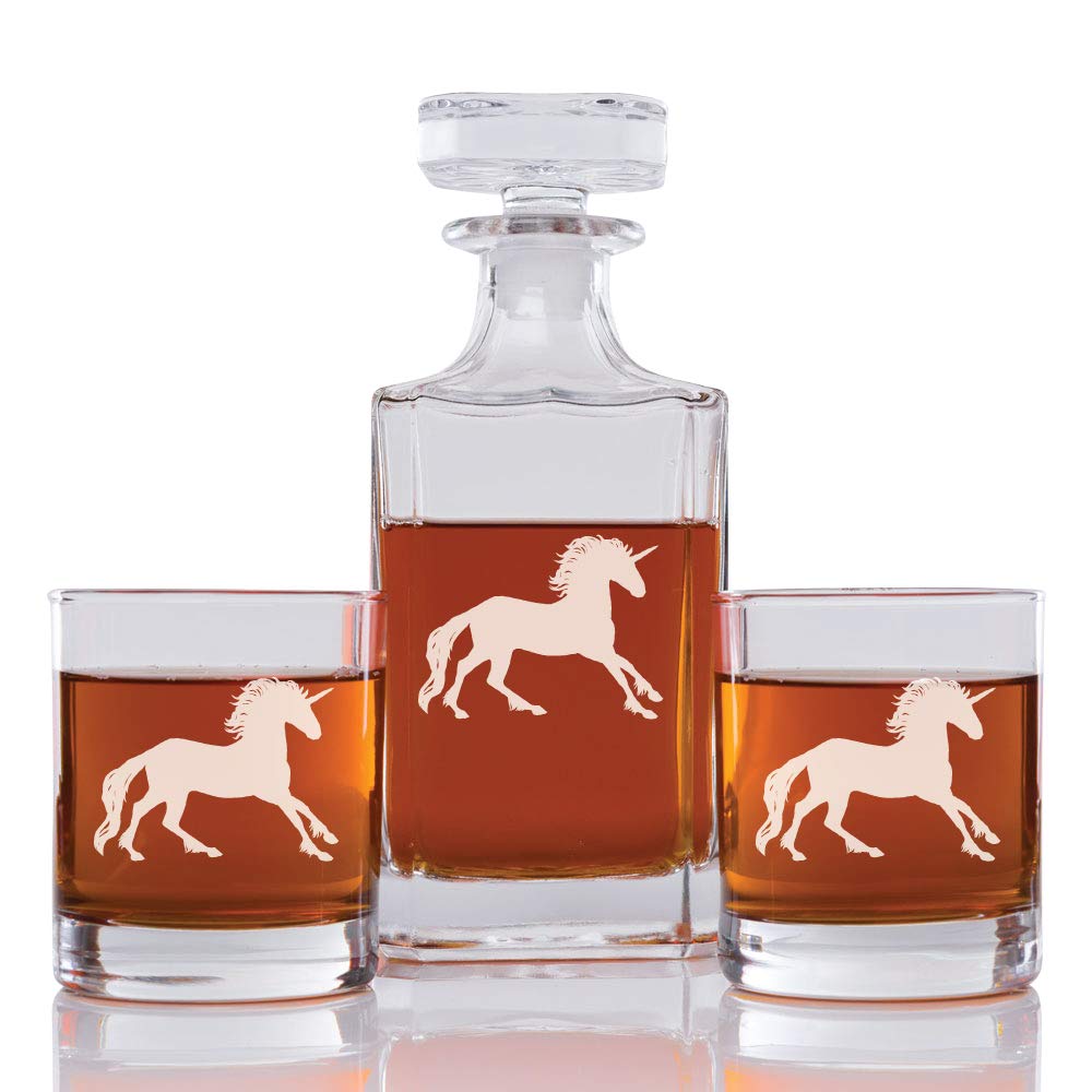 Abby Smith Unicorn Engraved Decanter and Rock Glasses, Set of 3