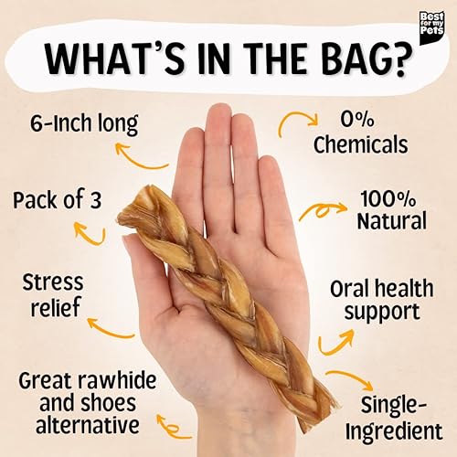 Miniatura 2 de Best For My Pets Palitos masticables trenzados para perros (6 pulgadas, paquete de 3) – Golosinas masticables para perros de larga duración para