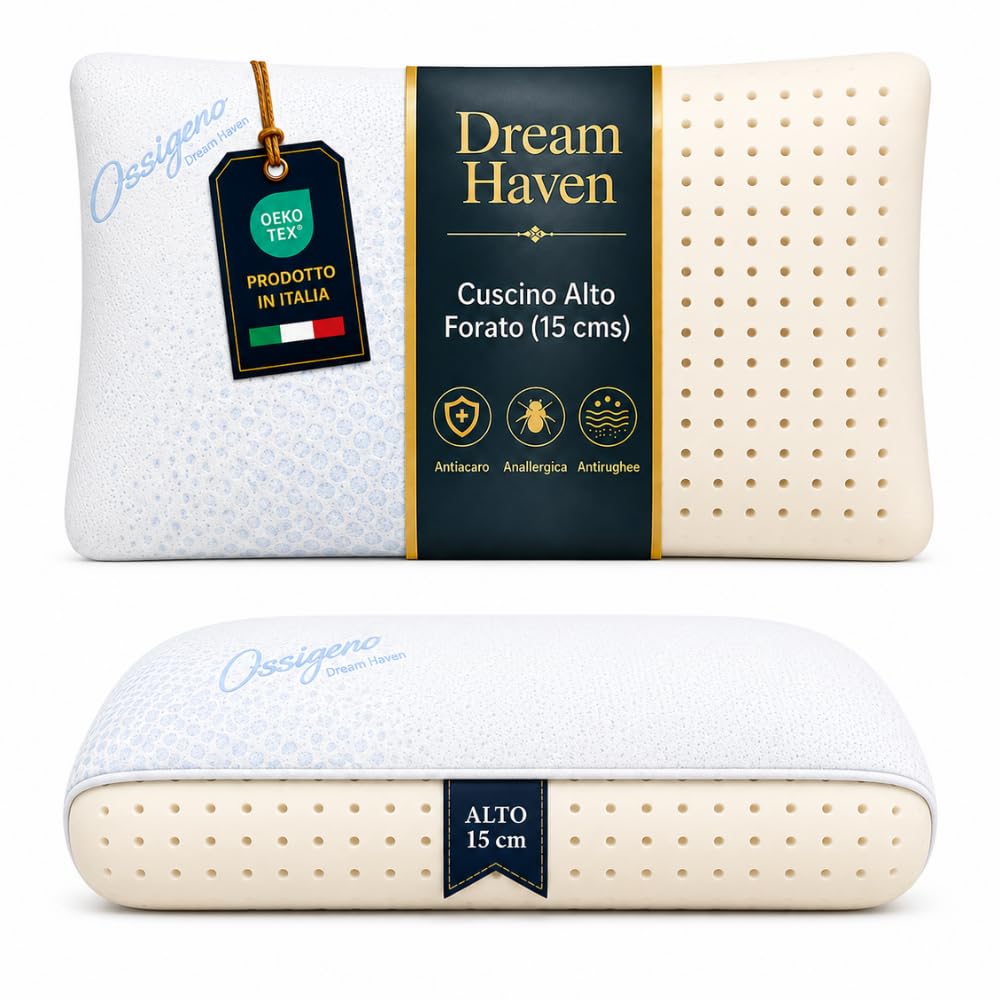 DREAM HAVEN Coussin de 15 cm de haut, coussin à mémoire de forme, perforé avec taie d'oxygène, respirant, anti-acariens, anti-rides et hypoallergénique, coussin de lit ergonomique fabriqué en Italie