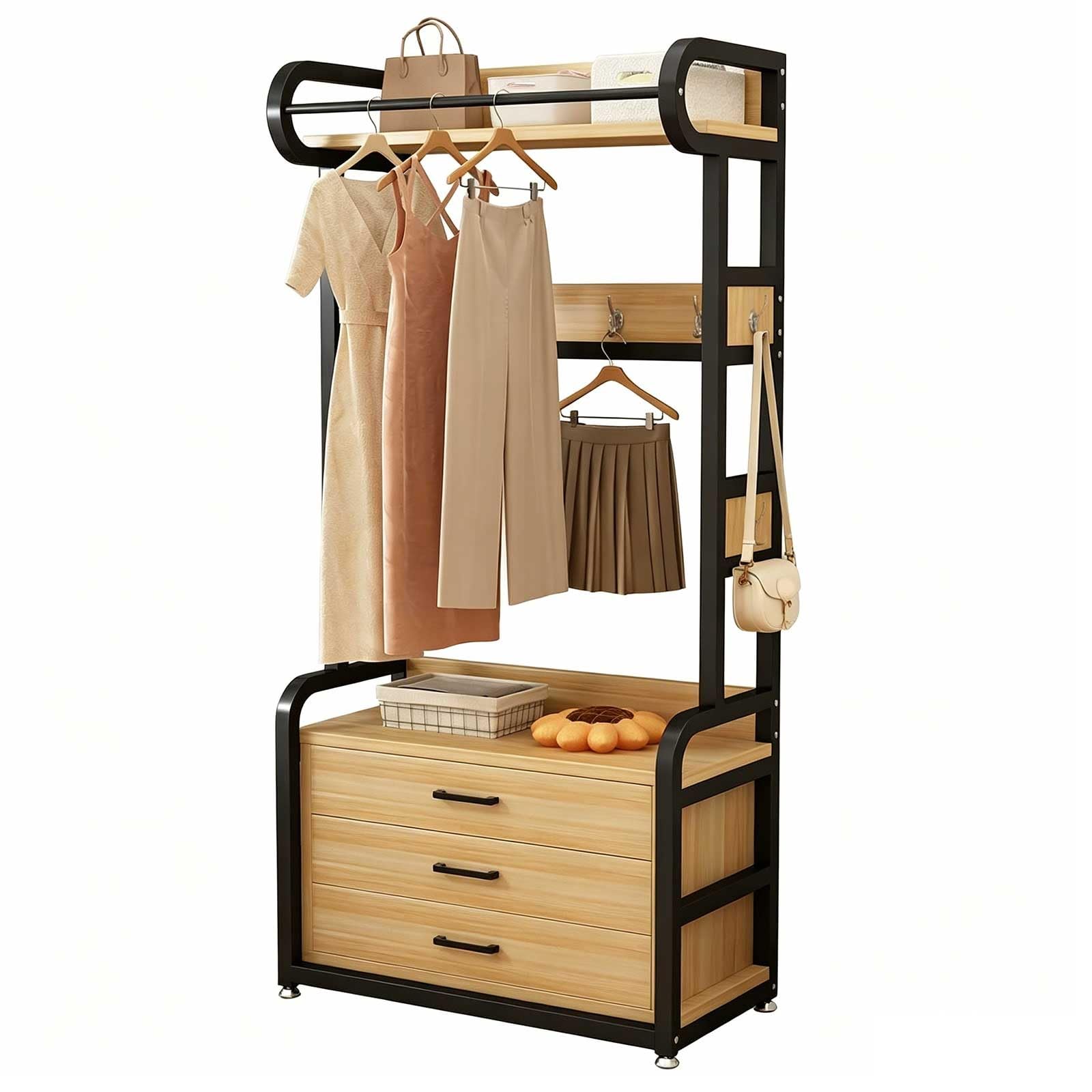 KIBONCY Freestanding Clothing Rack with 2 Drawers & Hooks, Wood Top Garment Rack with Storage Shelf for Bedroom, Entryway, Closet(E1,80CM)