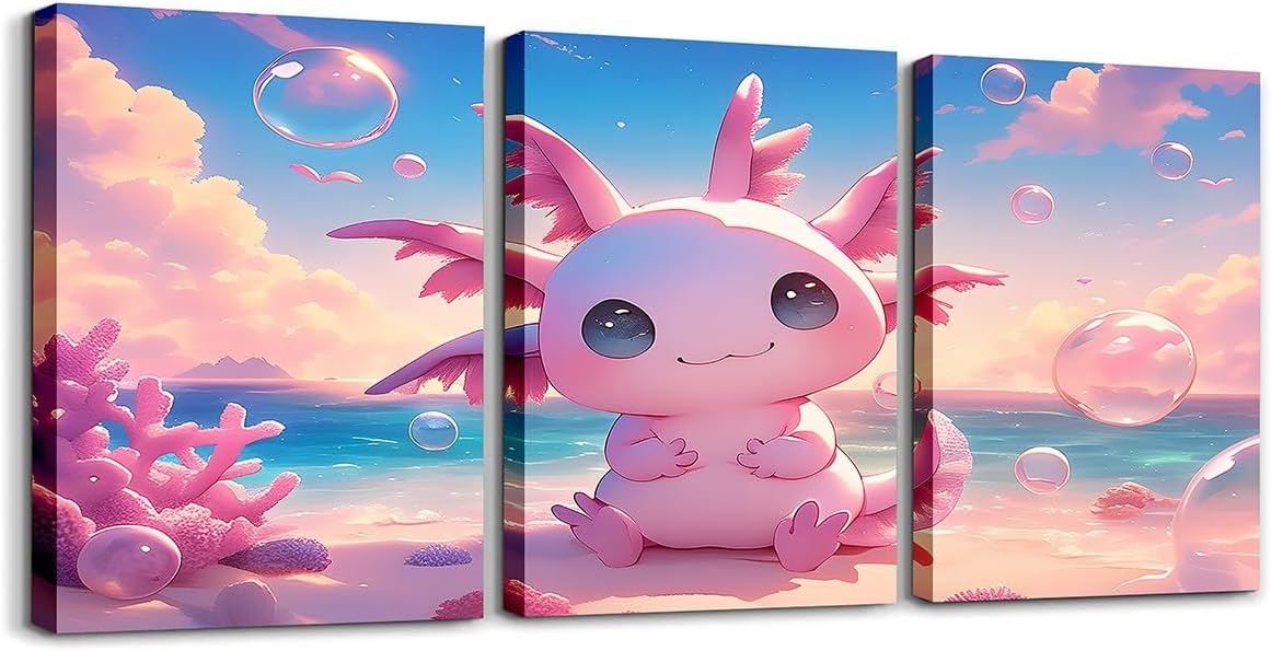 Feelyou Kids Cute Axolotl Canvas Wall Art for Living Room Bedroom Kawaii Animal Wall Painting Posters and Prints Ocean Sealife Picture Wall Decor Boys Girls Galaxy Bathroom Wall Art 12"x16"x 3Pcs