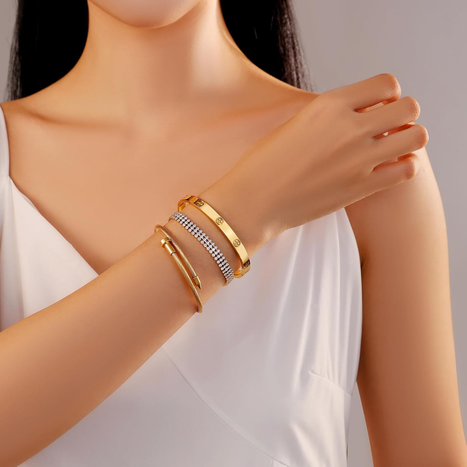 18K Gold Plated Love Bangle Bracelet Set Cubic Zirconia Classic Stainless Steel Adjustable CZ Gold Tennis Love Bracelets Stack for women - Image 2