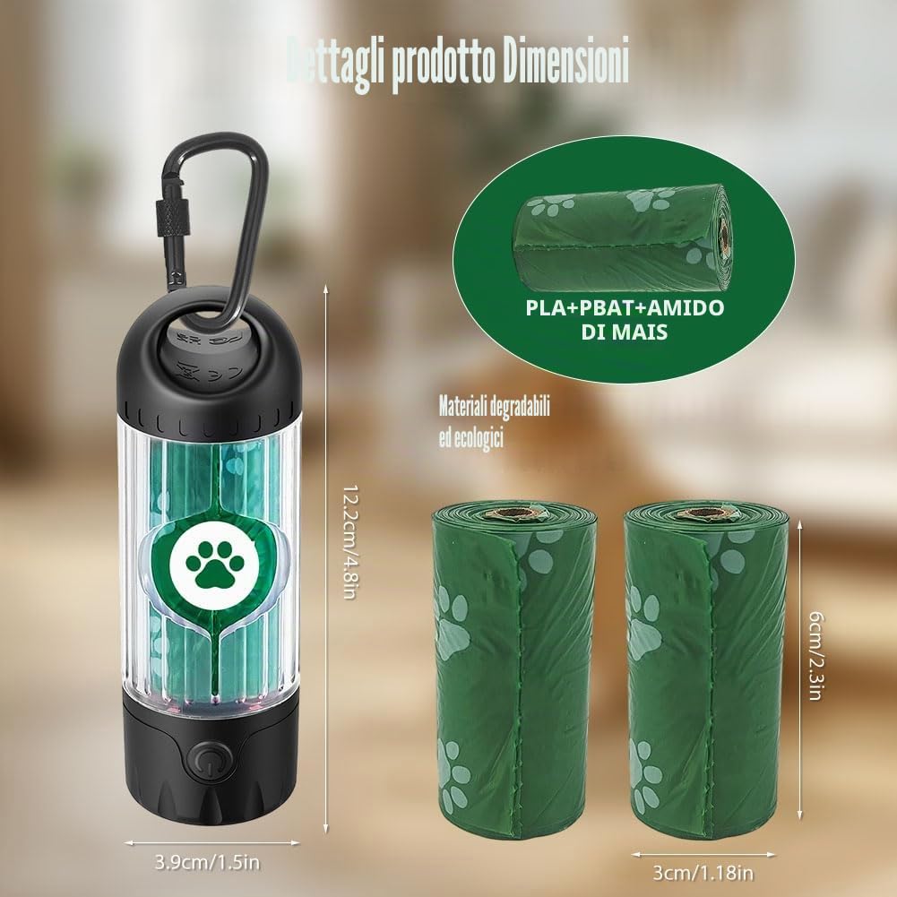 2025, dispenser di sacchetti per escrementi con torcia, IPX 6, impermeabile, con 7 colori, luce notturna USB-C ricaricabile, raccoglitore di escrementi per cani, dotato di sacchetti della spazzatura