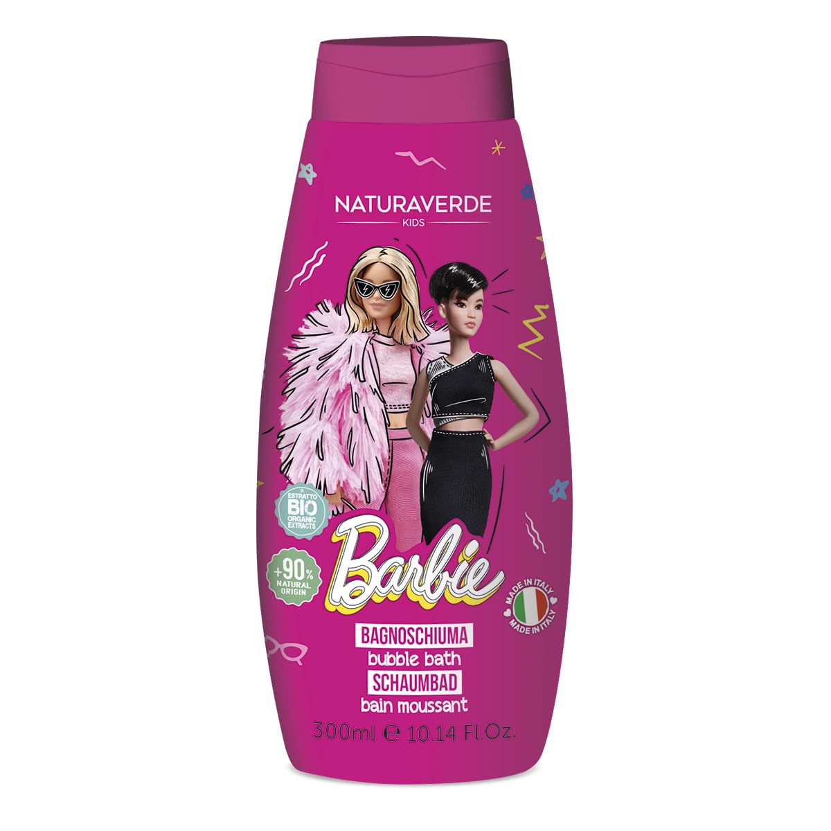 Naturaverde | Barbie Bagnoschiuma 250 ml, Formula Delicata con Estratto di Camomilla Biologica per l' Igiene Sicura dei Bambini