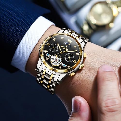 Miniatura 3 de OLEVS Relojes para hombre automático esqueleto 5 manecillas mecánico reloj de lujo clásico calendario acero inoxidable impermeable reloj de pulsera